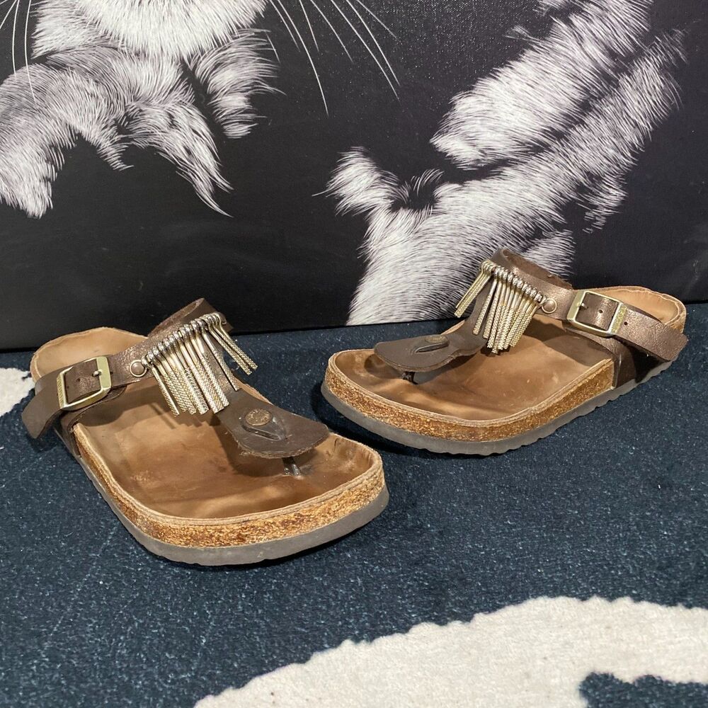 Birkenstock Gizeh Fringe 0745431 Thong Sandal Women's Brown Leather Footbed